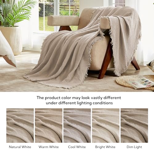 SOULFUL Muslin Throw Blanket with Tassels - Soft Cotton Throw Blanket for Couch or Bed, Lightweight and Breathable Gauze for All Seasons, Light Tan, 50" x 60"