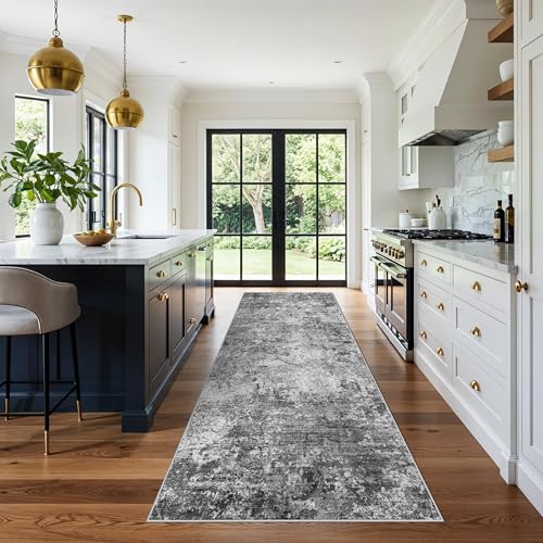 4x10ft Extra Wide Hallway Rug: Non-Slip Washable Large Carpet Runner for Kitchen Entryway Modern Abstract Low-Pile Soft Indoor Floor Mat for Bedroom Living Room Dining Room (Black/Grey/White, 4X10)