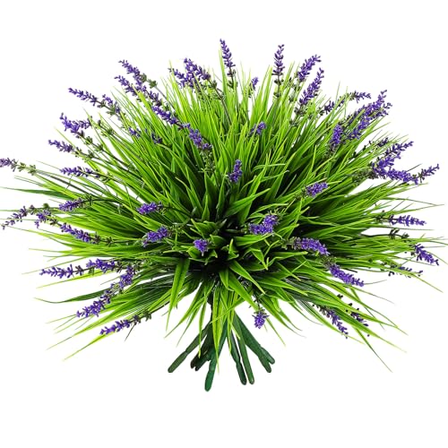 12 Bundles Artificial Grass Fake Plants，Outdoor Fake Monkey Tail Grass with Flowers for Pot UV Resistant Lavender Patio Garden Porch Home Window Hanging Planter Decor Faux Plastic Shrubs(Puper+Green)