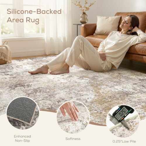 10X14 Area Rugs for Living Room: Washable Modern Abstract Rug with Non-Slip Silicone Backing Low Pile Soft Carpet for Bedroom & Dining Decor Ideal for Families with Kids and Pets-Brown