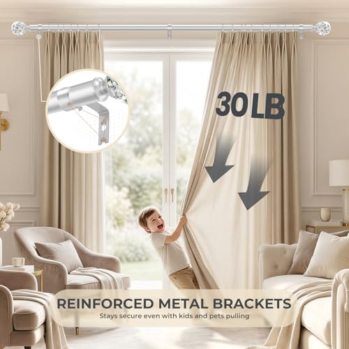 TVWOO Silver Decorative Crystal Curtain Rods:36-88 Inch Heavy Duty Adjustable Window Curtains Rods for Bedroom Living Room,Nickel Modern Girly Acrylic Drapery Rods Set with Sheer Bling Foil Finials
