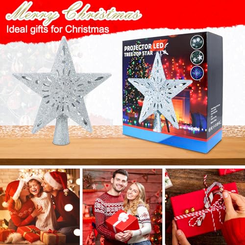 Christmas Tree Topper Projector Lights with 6 Projection Modes, Sliver Star Christmas Tree Topper with Built-in LED Projector, Dynamic Projection for Christmas Party Holiday Decoration