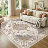 Washable Area Rug 6x8 Non-Slip Floral Boho Carpet, Beige/Ivory