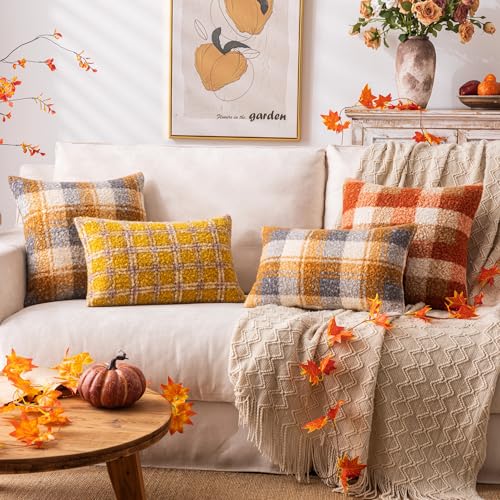 Plaid Fall Throw Pillow Covers Orange 22x22 Inch Set of 2