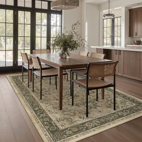 Vintage Distressed 5x8 Area Rugs for Living Room Bedroom, Low Pile Machine Washable Non Slip Dining Room Carpet Rugs for Under Table/Home Office/Kitchen, Multi Brown with Olive Accents