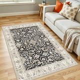 4x5 Machine Washable Area Rug: Low Pile Non Slip Rugs Soft Barefoot Floor Mat for Under Desk Play Area Big Entryway Living Room and Apartment Decor Black Beige