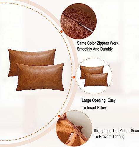 12X20 Inch Brown Faux Leather Throw Pillow Covers Set of 2 Modern Farmhouse Solid Outdoor Lumbar Boho Cognac Pillow Covers for Room Couch Living Bedroom Bed Sofa Decorative
