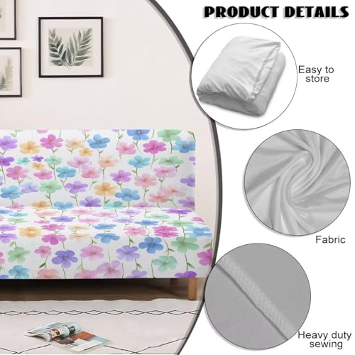 Colorful Cherry Blossom Print Armless Futon Sofa Cover, Anti Scratch Furniture Protector Breathable Folding Sofa Bed Slipcover with Stretch Bottom for Kids and Pets