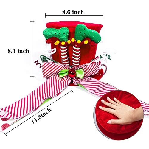 Lordaeron Christmas Tree Topper Hat,Large Red Velvet Hat with Elf Legs and Lengthened Bowknot Christmas Tree Decorations Tabletop Ornaments for Holiday Home Decor
