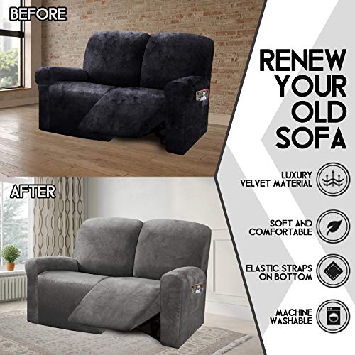 ULTICOR Reclining Love Seat Slipcover, 48" - 65" L, 6-Piece Velvet Stretch Loveseat Reclining Sofa Covers, 2 seat Love seat Recliner Cover, Thick, Soft, Washable (Dark Grey)