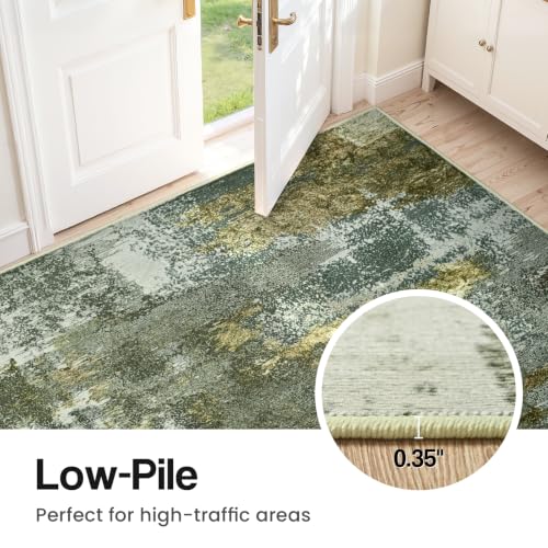 Washable Entryway Rug 2x3, Non-Slip Low Pile Abstract Green