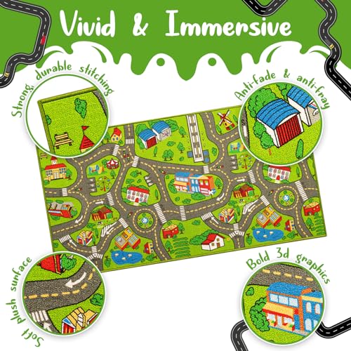 Kids Carpet Playmat City Life 3D Playroom Rug | 30 x 60 Inch Extra Large Toddler Activity Mat for Race Cars & Toys | Playroom Rug Makes a Fun Educational Gift Idea for Boys & Girls (Green)