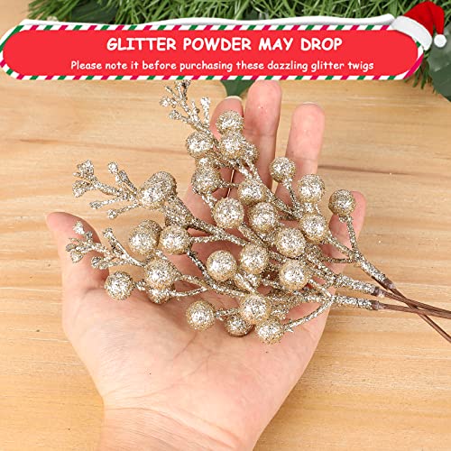 HOHOTIME 36Pcs Christmas Glitter Berries Stems, 9.5 Inch Artificial Christmas Tree Picks for Christmas Tree Decorations Ornaments DIY Crafts Vases Holiday Wedding Home Xmas Decor(Champagne)