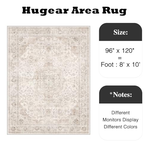 HUGEAR Area Rug 8x10 Vintage Beige Machine Washable Living Room Rugs Thin Neutral Floral Vacuumable Low Pile Carpet Bedroom Office Dining Room Laundry Room Non Slip Soft Lightweight
