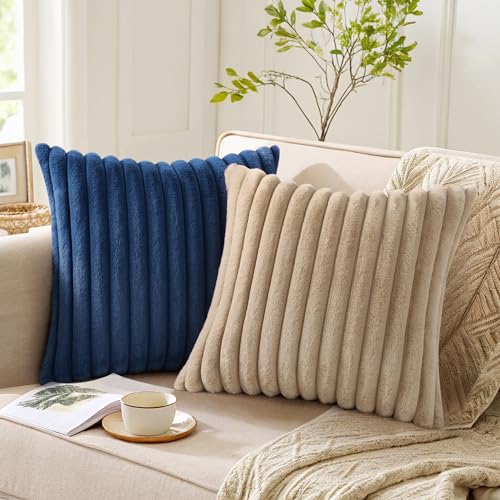 Faux Fur Decorative Throw Pillow Covers 24x24 Set of 2, Navy Blue