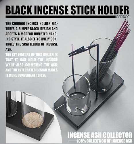 2 in 1 Incense Holder for Sticks Incense Burner Holder with Storage,Glass Upside Down Incense Holder for Sticks with Glass Ash Catcher for Meditation Yoga Spa Room Home Decor[Black]