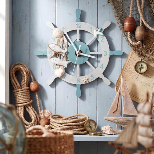 Liliaafar Coastal Beach Wall Clock 10 Inch Wooden Nautical Beach Boat Ship Steering Wheel Wall Clock Battery Operated Shell Fish Nautical Decorations for Home Kitchen Living Room Office Bedroom