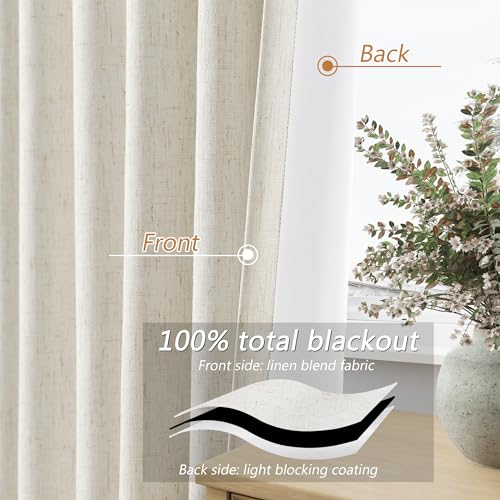 Guken Cream Linen Blackout Curtains 84 Inch Length 2 Panels Set for Living Room Bedroom Back Tab Thermal Insulated 100% Black Out Drapes Room Darkening Window Curtain Ivory Natural Beige