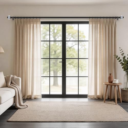 1 Inch Curtain Rods 72 to 144 Inches (6 to 12 ft) Telescoping Single Drapery Rod, USFOOK Black Curtain Rods for Windows 69 to 140 Inches, Decorative Translucent Finials