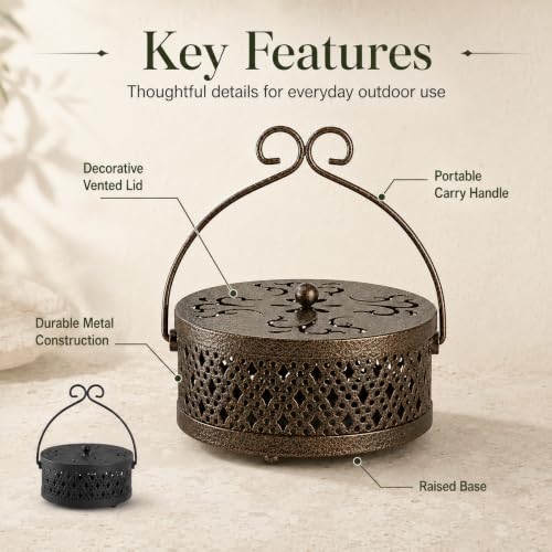 Kingrol 2 Pack Mosquito Coil Holders with Lids, Outdoor Metal Burners | Black and antique brass metal holders with lids to help contain ash for patio, garden, porch, camping, and outdoor tables