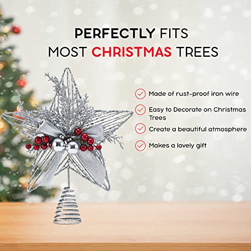 Ornativity Silver Star Tree Topper - Christmas Glitter Silver Star Xmas Holiday Decor Tree Top Decoration with Silver Bells and Mistletoe and Holly Red Berries 11.5"