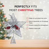 Ornativity Silver Star Tree Topper - Christmas Glitter Silver Star Xmas Holiday Decor Tree Top Decoration with Silver Bells and Mistletoe and Holly Red Berries 11.5"