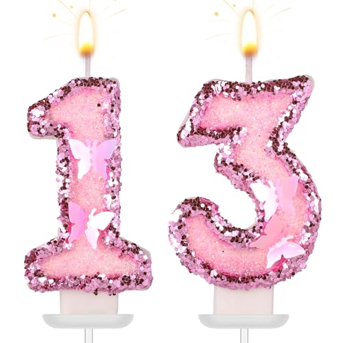 Girls Birthday Number 13 Candles, 2.95in Glitter Butterfly Happy Birthday Cake Toppers Pink Sequins Wedding Numeral Cupcake Decorations for Anniversary Celebration Party Supplies (13th)