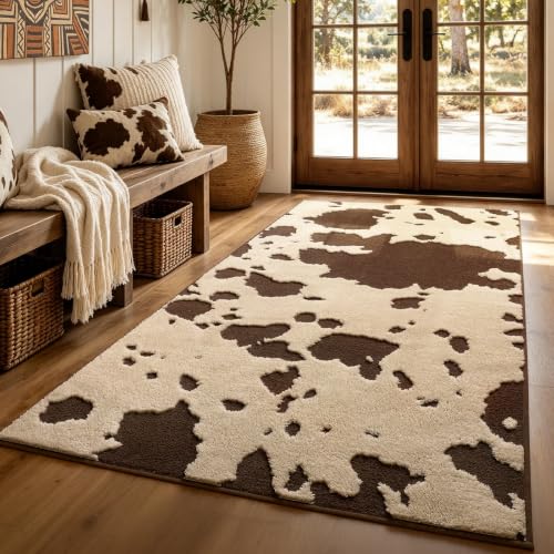 Cowhide Entryway Rugs 3x5 Ft, Washable Plush Soft Brown and Cream Cow Rug, Non-Slip High-Low Pile Animal Small Area Carpet for Bedside, Living Room, Door Entrance, Home Decor