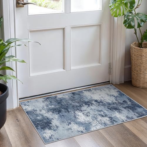 AMADA 2x4 Modern Abstract Washable Area Rug for Entryway Dark Blue