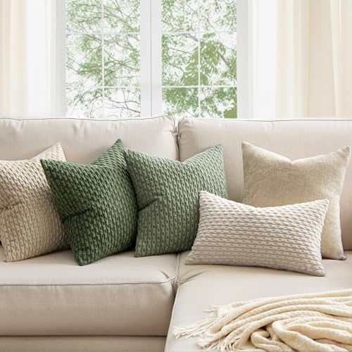MIULEE Pack of 2 Decorative Throw Pillow Covers 18x18 Inch Soft Boho Striped Textured Corduroy Pillow Covers Spring Modern Farmhouse Home Decor for Couch Bed Sofa Living Room Sage Green