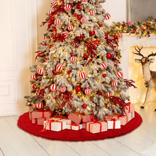 YUJUN 48 Inches Christmas Knitted Tree Skirt Decorations Xmas Large Red Chunky Cable Farmhouse Thick Rustic Tree Skirt for Merry Christmas Tree Holiday Home Party Decoration