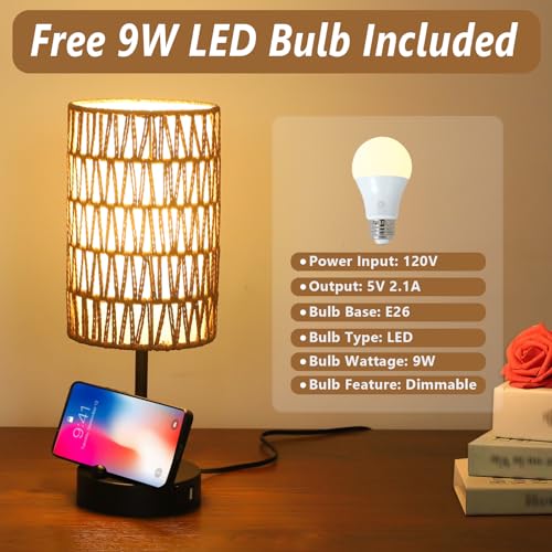 Touch Table Lamp For Bedroom with Bulb, Boho Small Desk Lamp For Living Room With Rattan & Li – lifestyle view
