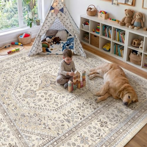 11x11 Square Washable Area Rug - Non-Slip Living Room Rugs Beige Gray