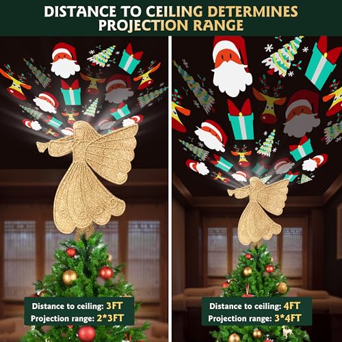 Christmas Tree Topper Lighted with 6 Projection Modes, Gold Christmas Angel Tree Topper Built-in LED Rotating Light, 3D Glitter Projector for Party Holiday Christmas Decoration Gifts