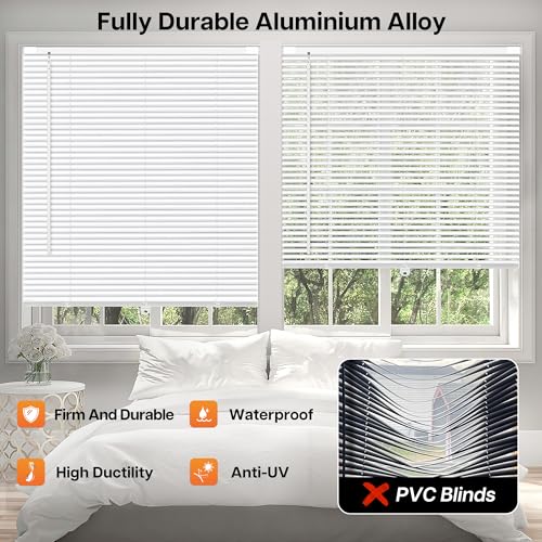 LazBlinds No Tools No Drill Cordless Aluminum Mini Blinds, 100% Privacy S-Curve Blinds for Windows, Room Darkening Horizontal Window Blinds and Shades for Home, 34" W x 36" H, White