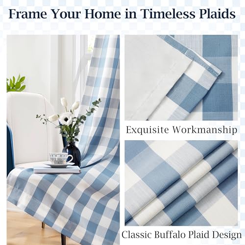 Buffalo Plaid Full Blackout Curtain Panels 84 Inches Length,Dusty Blue and White Farmhouse Drapes,Thermal Insulated Window Treatment for Bedroom Living Room,Rod Pocket Back Tabs,40"Wx84"Lx2