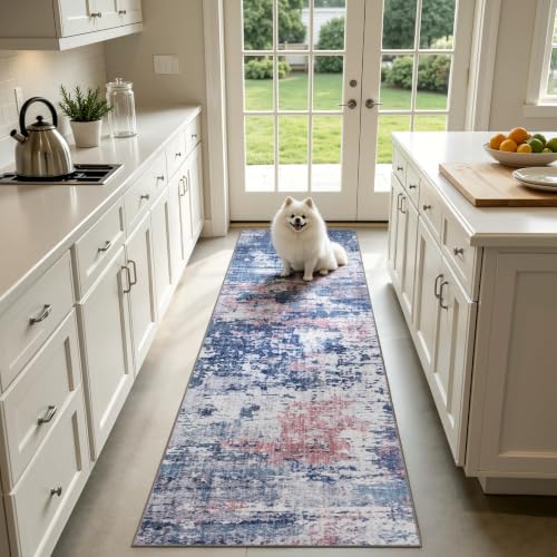 Sasttie 2x10 Runner Rug, Modern Abstract Hallway Carpet, Pink & Blue