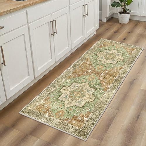 GENIMO 2'6"x6' Washable Runner Rug Non Slip for Hallway, Green Brown Tan