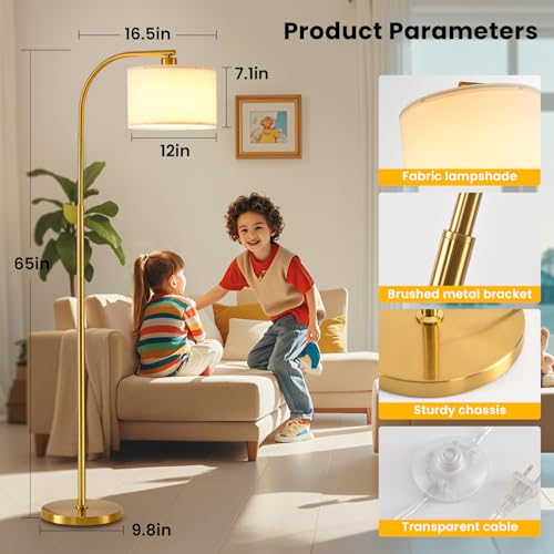 Tall Floor Lamp for Living Room,65'' Modern Standing Lamps with 9W LED Bulb,Elegant Floor Light with Fabric Shade,Gold Tall Lamp for Bedroom Office Study Room Corner Dining Room