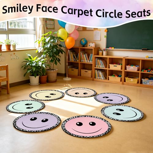 12Pcs Smiley Face Carpet Circle Seats for Classroom Decor 16 Inch Non Slip Floor Cushions Smiley Composition Notebook Classroom Rug Round Floor Mat for Preschool Kindergarten Reading Playing Area