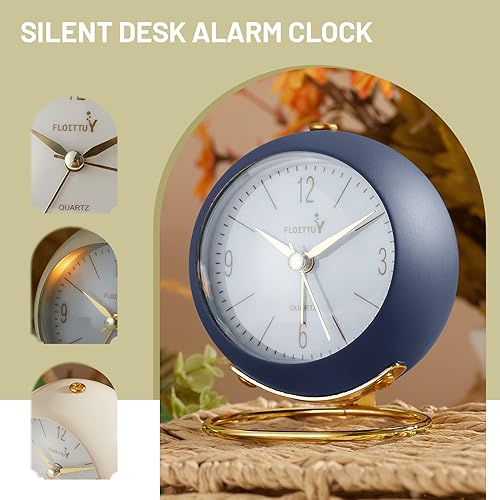 FLOITTUY Silent Table Analog Alarm Clock No Ticking, Lighted on Demand and Battery Operated, Beep Sounds, Small Desk Clock(Navy Blue)