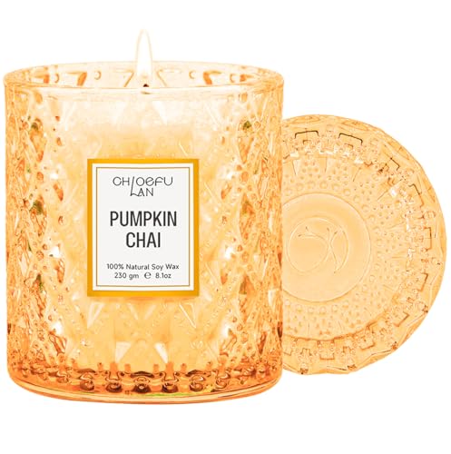 Chloefu LAN Pumpkin Chai Candles Halloween Candle Gift, Farmhouse Candles for Home, Luxury Scented Soy Jar Fall Candle with up to 55 Hour Long Lasting, Home Decor, Barn Fall Decor Pottery, 8.1oz