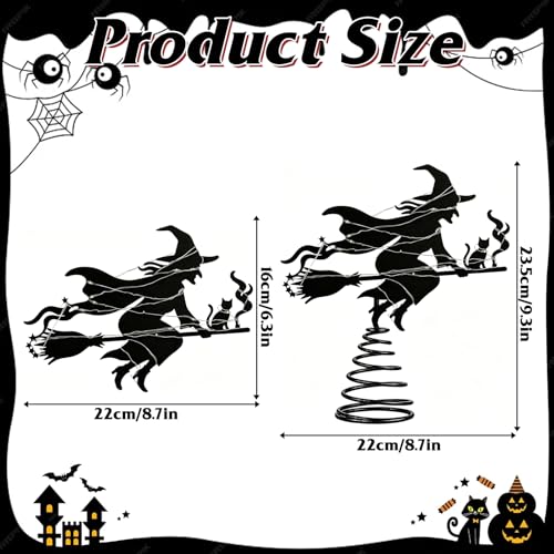 Halloween Witch Tree Topper with LED Lights,9 Inch Black Iron Flying Broom Witch Tree Topper,Spooky Light Up Halloween Ornament for Christmas Treetops and Home Party Supplies