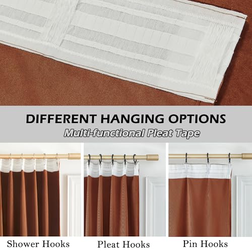 Timeper Burnt Orange Pleat Back Tab Velvet Curtains W52 x L84 inches 2 Panels, Room Darkening Solid Home Decor Curtains for Bedroom Living Dining Room Thermal Insulated Luxury Super Soft Window Drapes