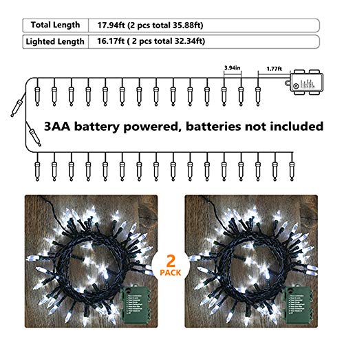 BrizLabs White Christmas Lights, 2 Pack 17.94ft 50 LED Battery Christmas String Lights with Timer, 8 Modes Christmas Tree Lights Indoor Outdoor Christmas Mini Lights for Christmas Tree Wedding Home
