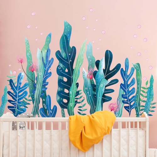 Amaonm 3D Under The Sea World Seaweed Grass Wall Decals, Removable Ocean Nature Scenery Baseboard Stickers DIY Art Decor for Wall Corner Nursery Bathroom Bedroom Living Room Kids Room Home Decor