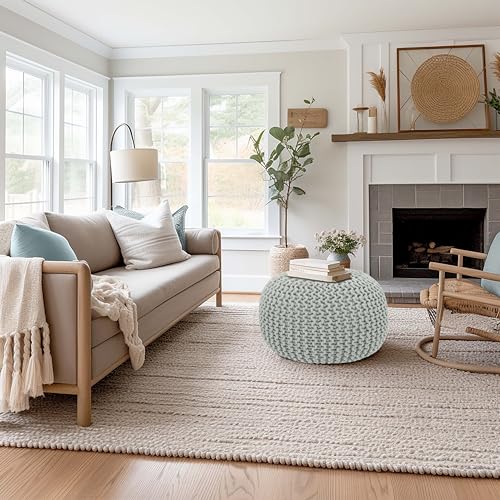 COTTON CRAFT Round Ash Grey Pouf - Hand Knitted Braided Cord Dori Ottoman