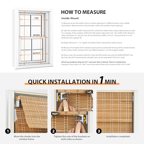 LazBlinds No Tools No Drill Cordless Bamboo Roman Shades, Privacy Room Darkening Window Treatment, Roll Up Bamboo Blinds for Window 26'' W x 64'' H, DP-Natural