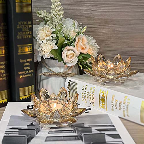 Crystal Lotus Flower Tealight Candle Holders/Glass Tea Light Candlestick Decor Decoration for Christmas Home Wedding Party(1, Gold 2pcs)