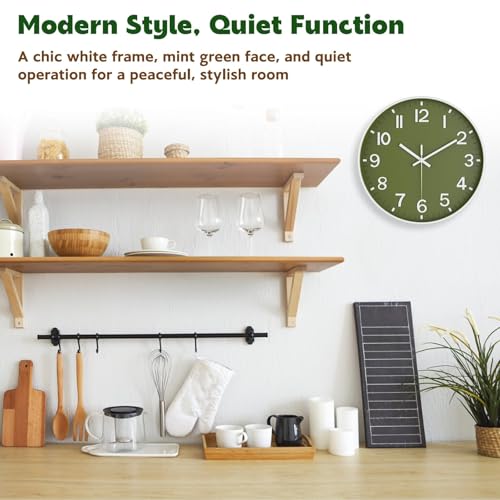 Silent Wall Clock Non-Ticking Battery Operated – Modern Olive Green Analog Wall Clock for Living Room, Kitchen, Office, Bedroom – Stylish Home Wall Decor Clock, 8 Inch